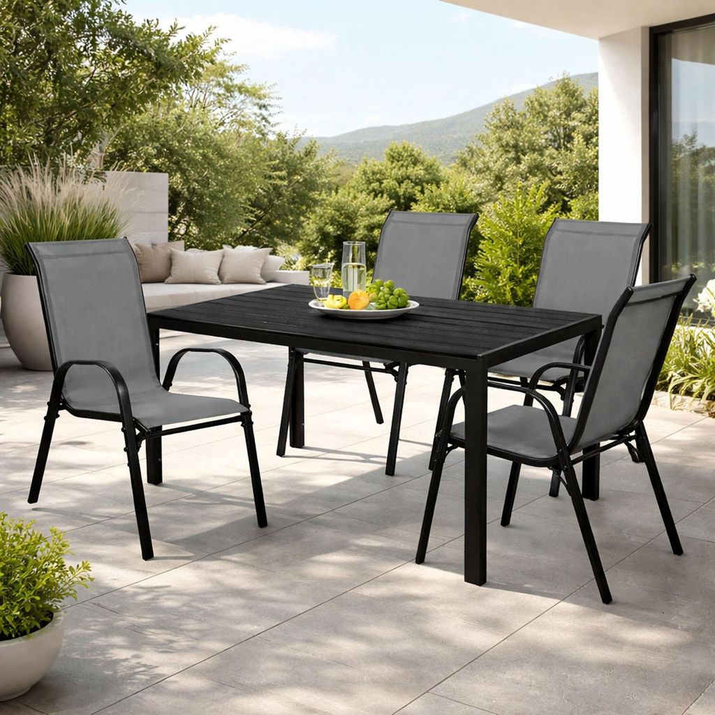 5tlg Gartenmöbel Gartengarnitur Alu Non Wood 150x90cm 4 Stapelstühle