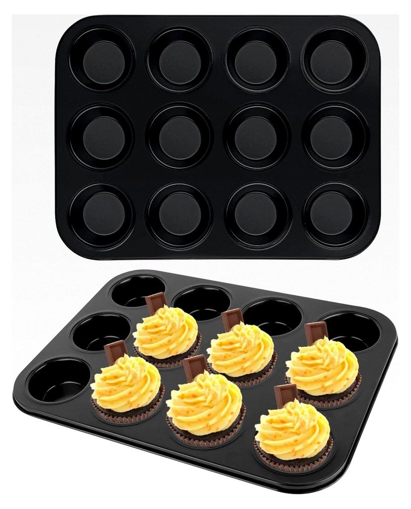 2 Stück Muffinform Blech für 24 Muffins, Antihaftbeschichtete Backform, Mini Muffinform Rund, Backblech für Muffins, 35×26×3 cm, Schwarz