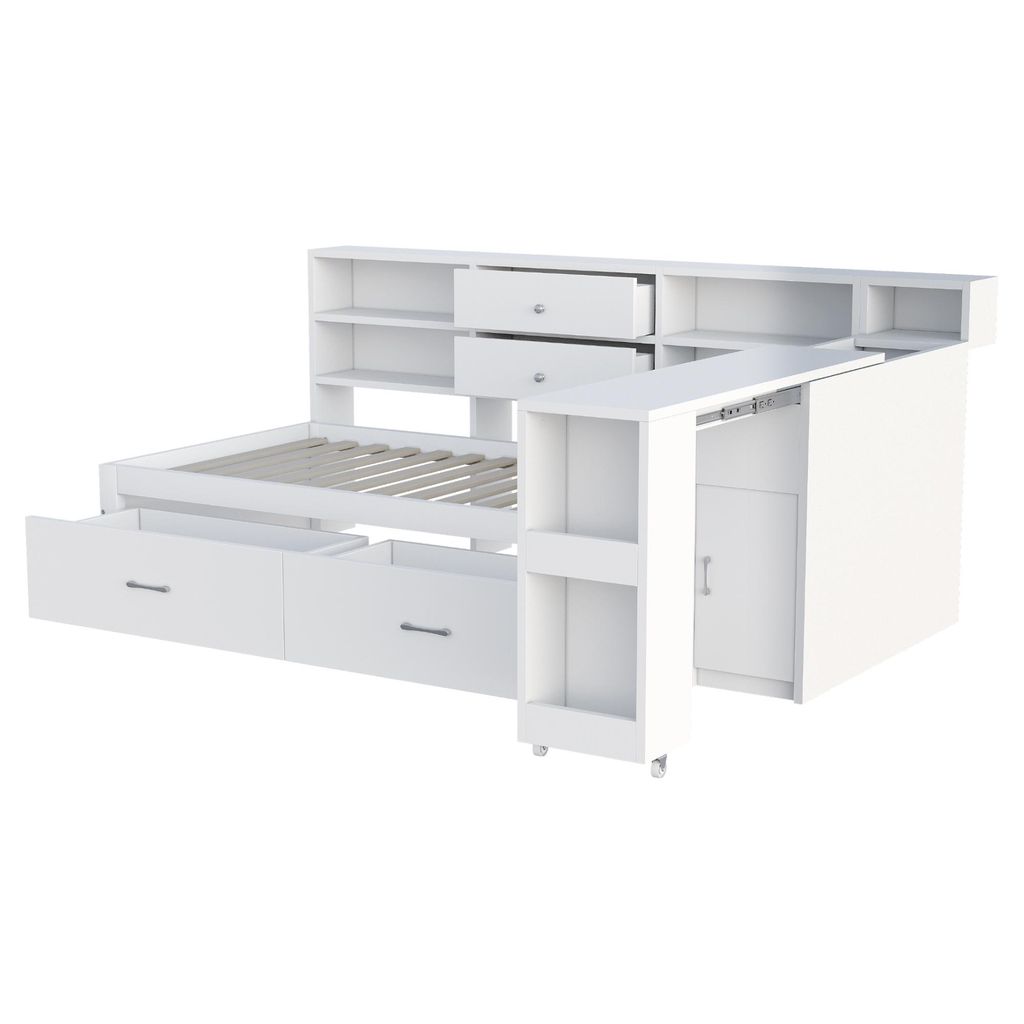 A white multi-functional bed frame with integrated storage and a desk.