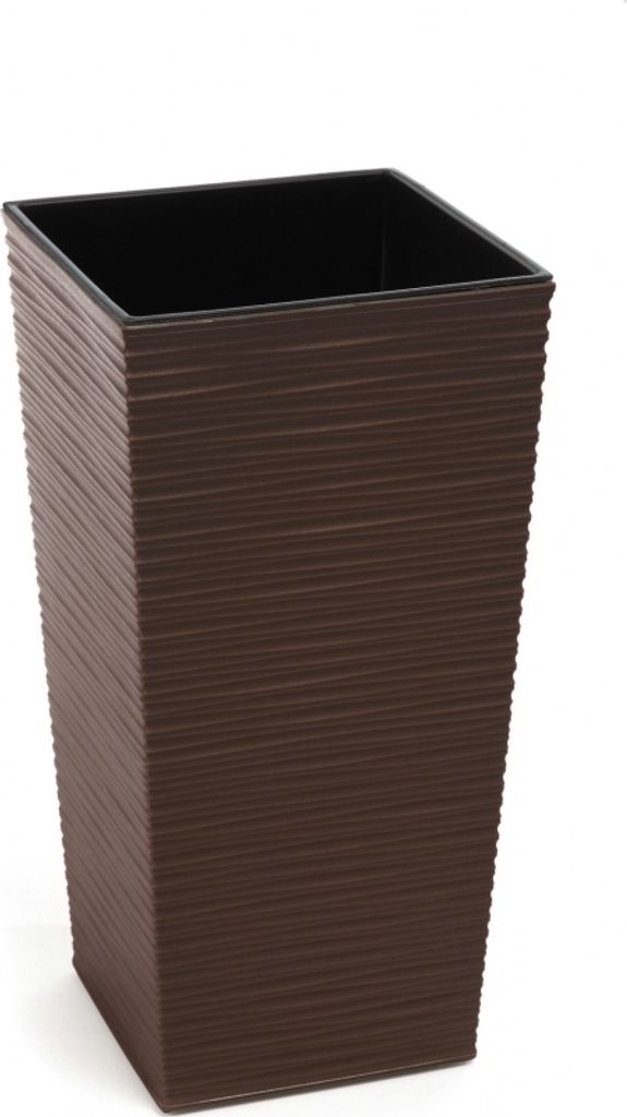 A brown square planter pot with a textured exterior and a black interior, shown against a white background.