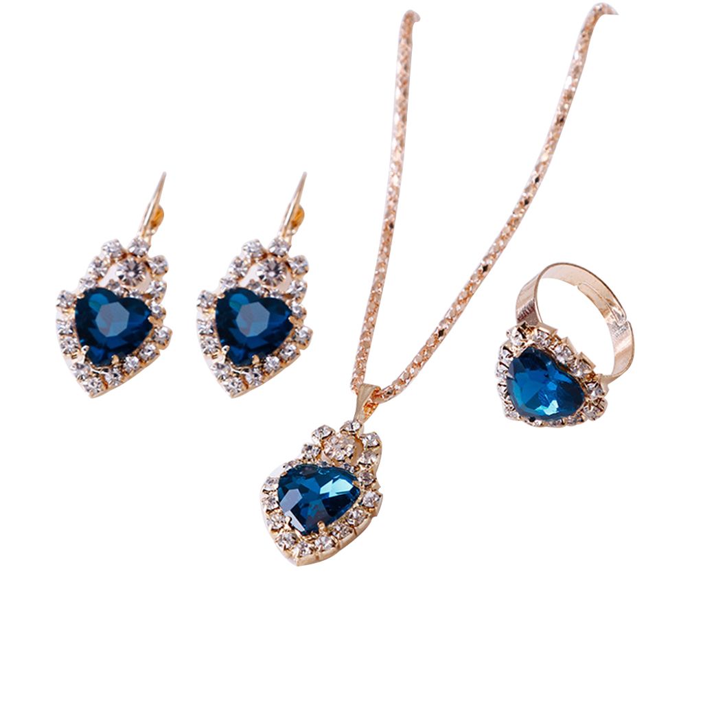 Damen-Halskette mit Herzform, Strass-Anhänger, Hebel-Rückseite, Ohrringe, Ring-Schmuck-blauer See