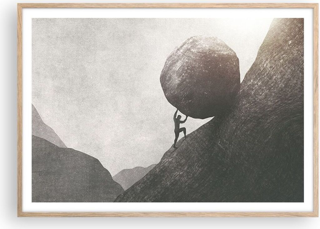 Gerahmtes Poster - Rahmen in heller Eiche - Sisyphus Arbeit Stein - 100x70 cm - Wand Bild - Wanddeko - Wandbilder - Kunstposter - Wandposter - Bild...