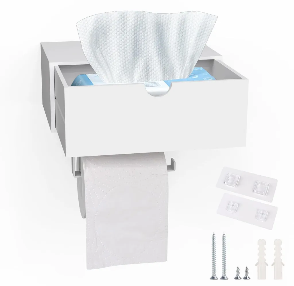 Support papier WC sans perçage en bambou avec rangement intégré blanc