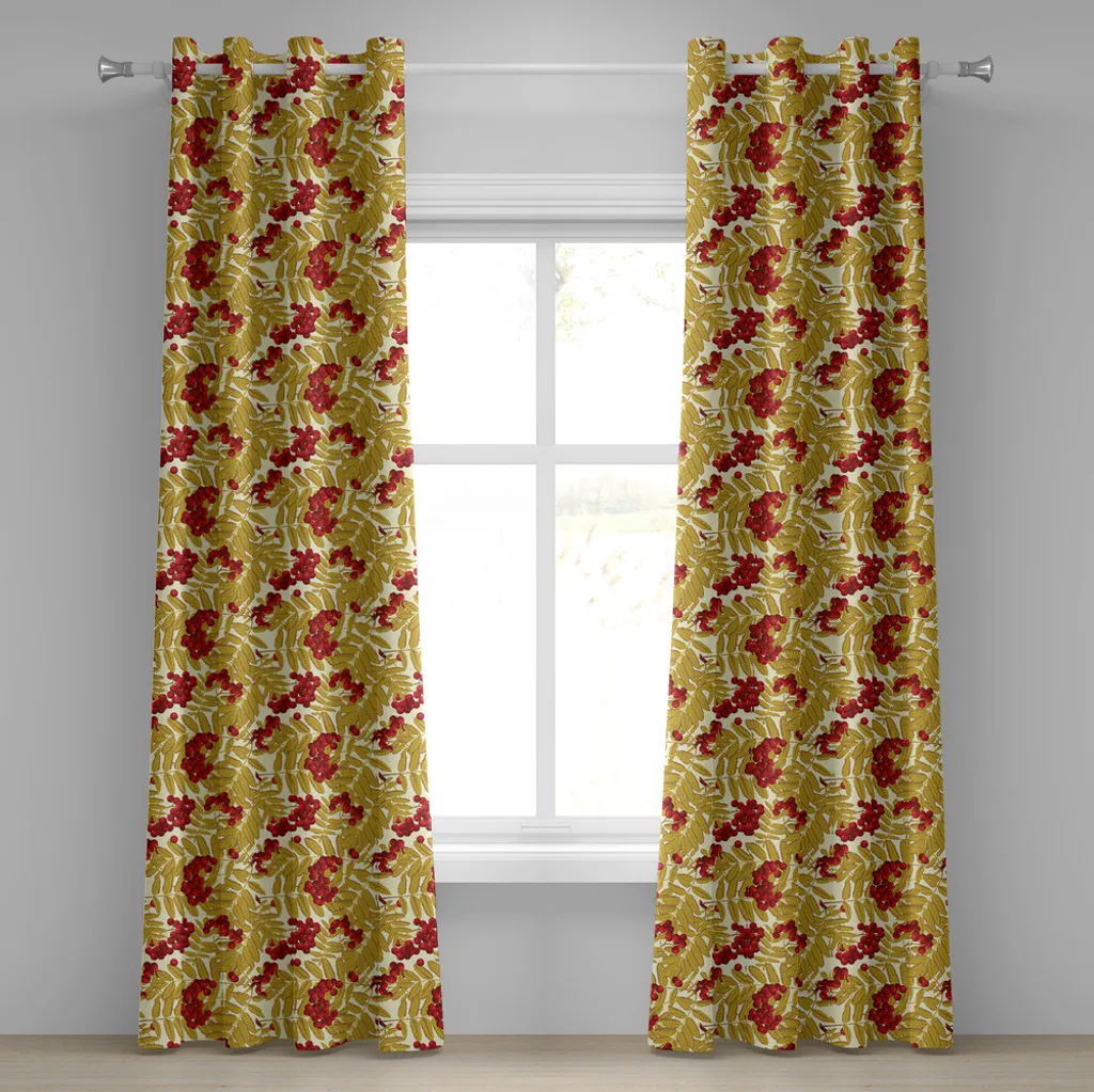 ABAKUHAUS Tenda con occhielli in sorbo, succosi frutti maturi di sorbo con foglie, bacche e natura rurale, tende decorative a 2 pannelli per finestre, 280 cm x 175 cm, senape vermiglio bianco