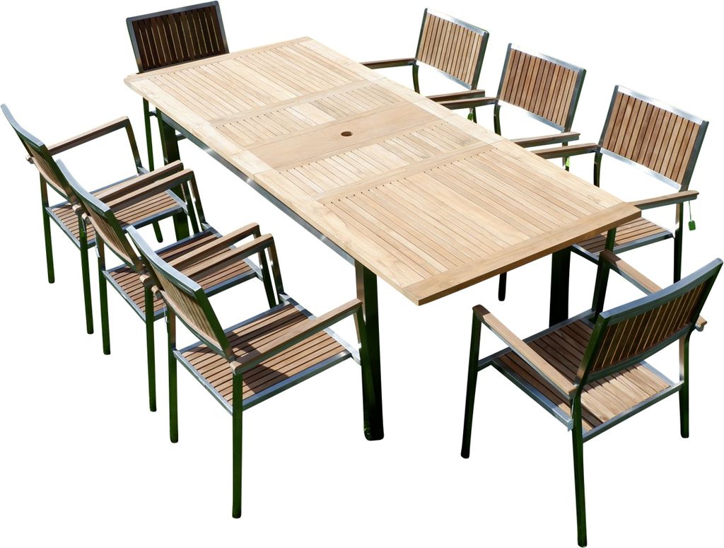 ALEOS. Gartengarnitur Edelstahl Teak Set Ausziehtisch 160-220 x 90 cm + 8 Teak Sessel A-Grade Teak Holz Serie KUBA Gastroqualität