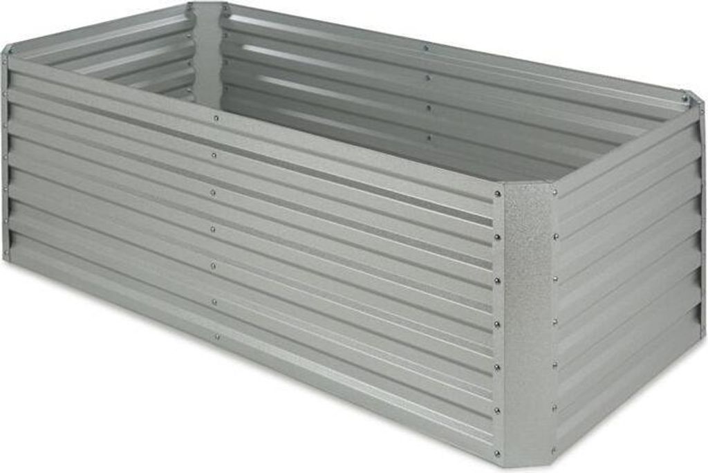 A rectangular metal raised garden bed is shown from a slightly elevated angle against a white background.