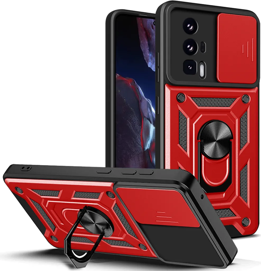 Custodia per Xiaomi Poco F5 Pro con anello, supporto, protezione della fotocamera, paraurti in TPU, custodia in silicone rosso