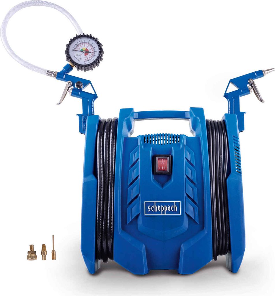 A blue Scheppach air compressor with a coiled hose, air gun, and tire pressure gauge.