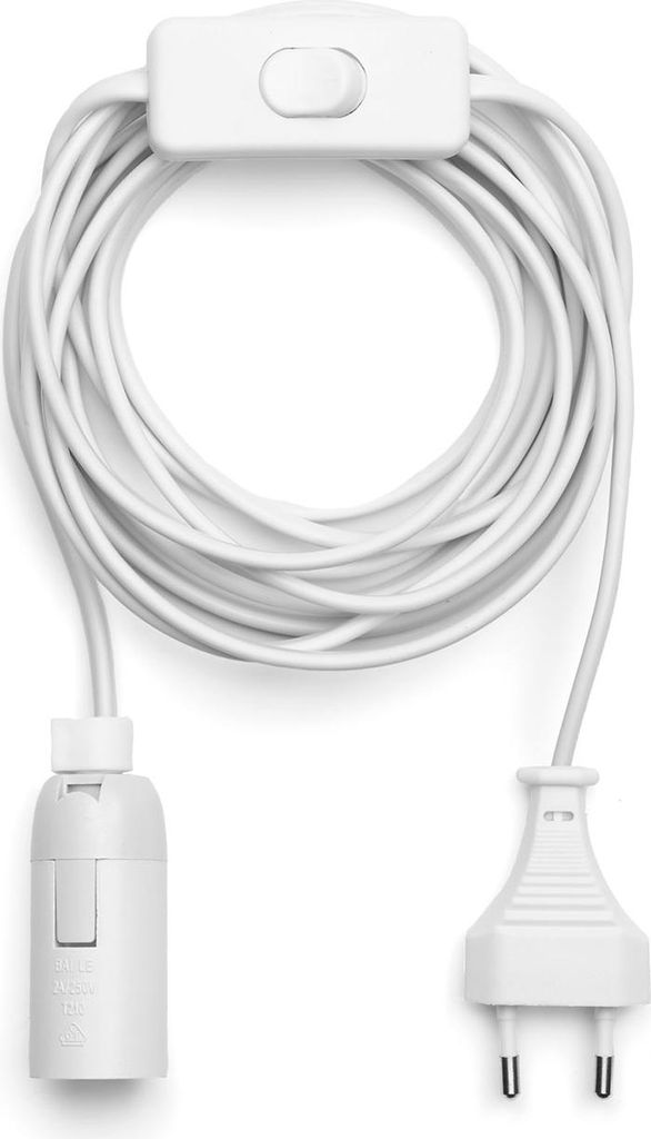 A white lamp cord with a plug, a switch, and a socket, coiled on a white background.