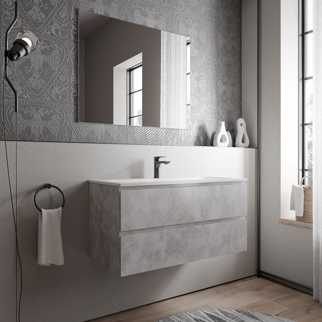 Unterschrank AVA 100 cm mit Mineralguss Waschbecken BRUXELLES - Farbe wählbar, Auswahl Waschbecken:Weiß matt mit Hahnloch, Farbe Badmöbel:Beton