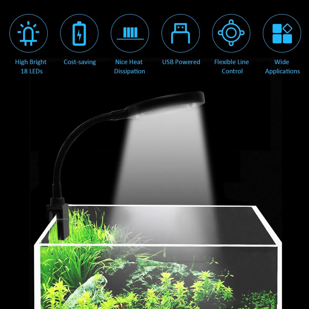 D C 5 V 7 W 18 Luce LED per acquario, morsetto per vasca dei pesci, lampada con clip, alimentazione USB, 3 colori di illuminazione, modificabile, 10 livelli, intensità regolabile