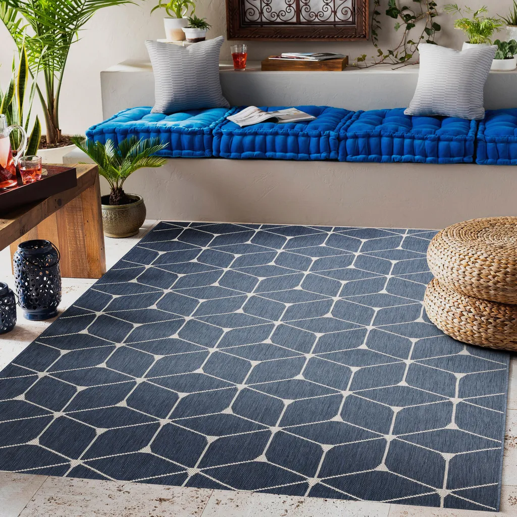 Tapis d'entrée design bleu 3D en sisal plat, idéal petit espace