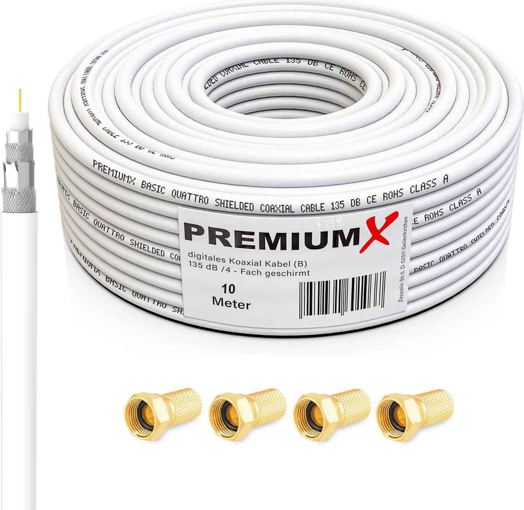 PremiumX 10m BASIC Koaxialkabel 135dB 4-fach SAT Koax Kabel 4x F-Stecker