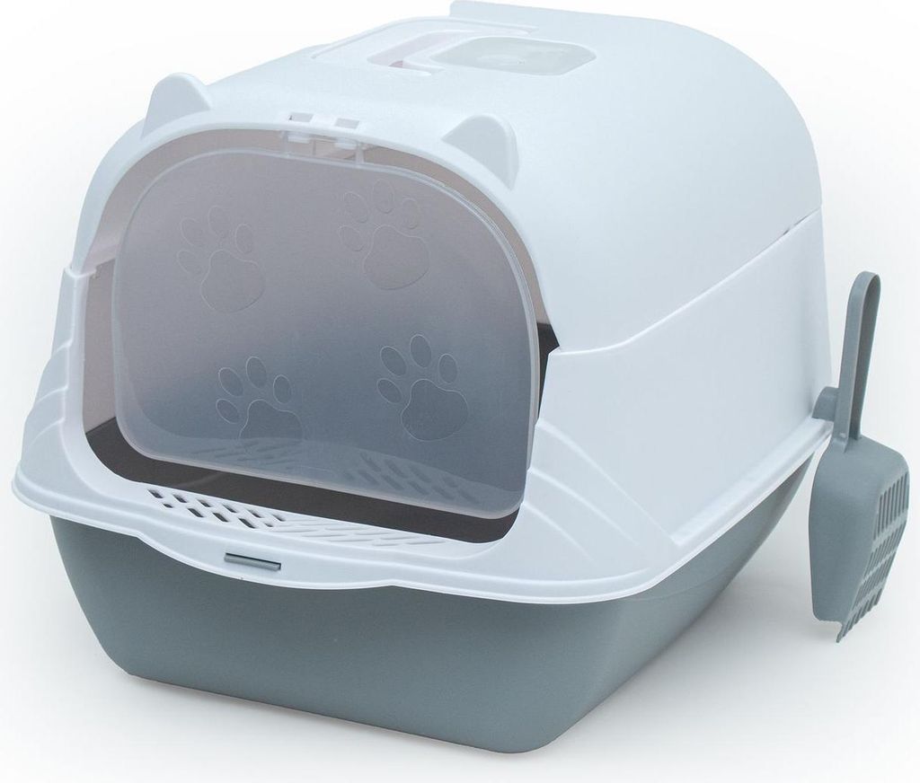 Intirilife Katzentoilette mit Deckel inklusive Schaufel in Grau-Weiß -51 x 37,5 x 34,5cm- Katzenklo mit Abdeckung, moderne, geschlossene Toilette ...