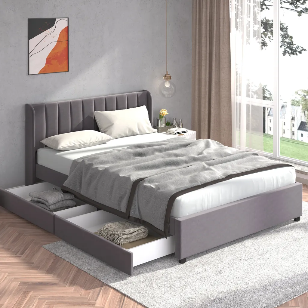Lit 140x200cm avec 2 tiroirs et sommier, structure bois velours gris - 11