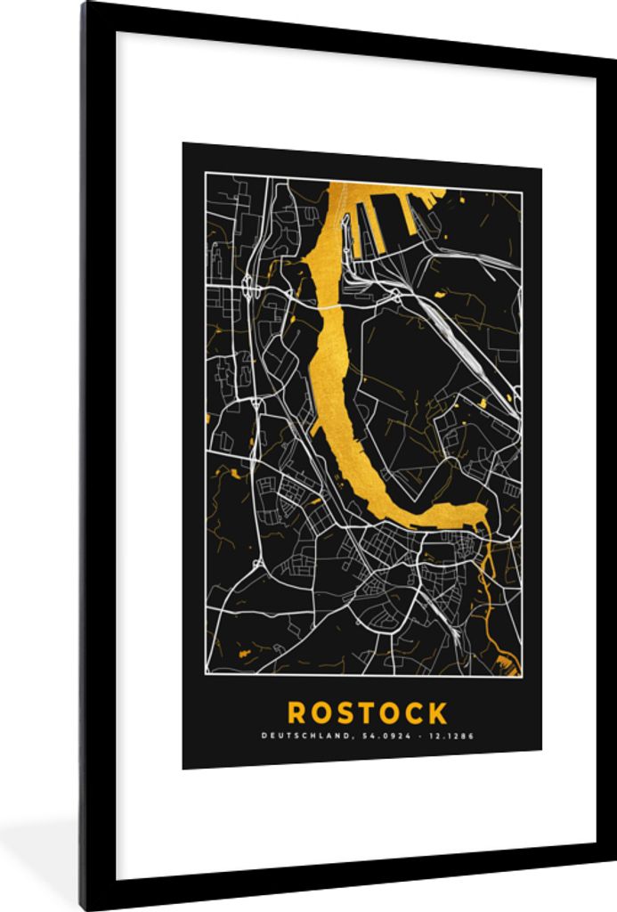 MuchoWow Gerahmtes Poster Rostock - Stadtplan - Gold - Karte - Deutschland 60x90 cm - Poster mit Schwarzem Bilderrahmen Wandposter Rahmen Foto Bi...
