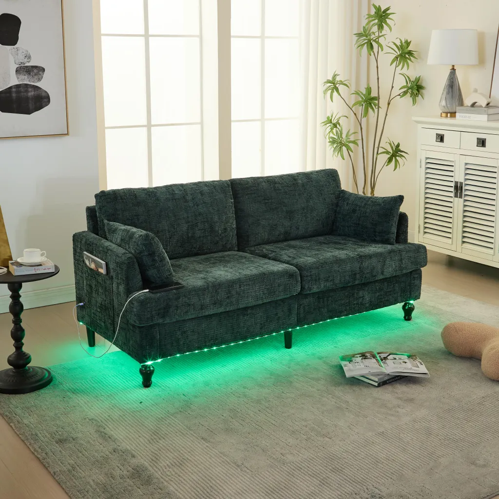 Canapé convertible vert émeraude avec éclairage LED et poche latérale
