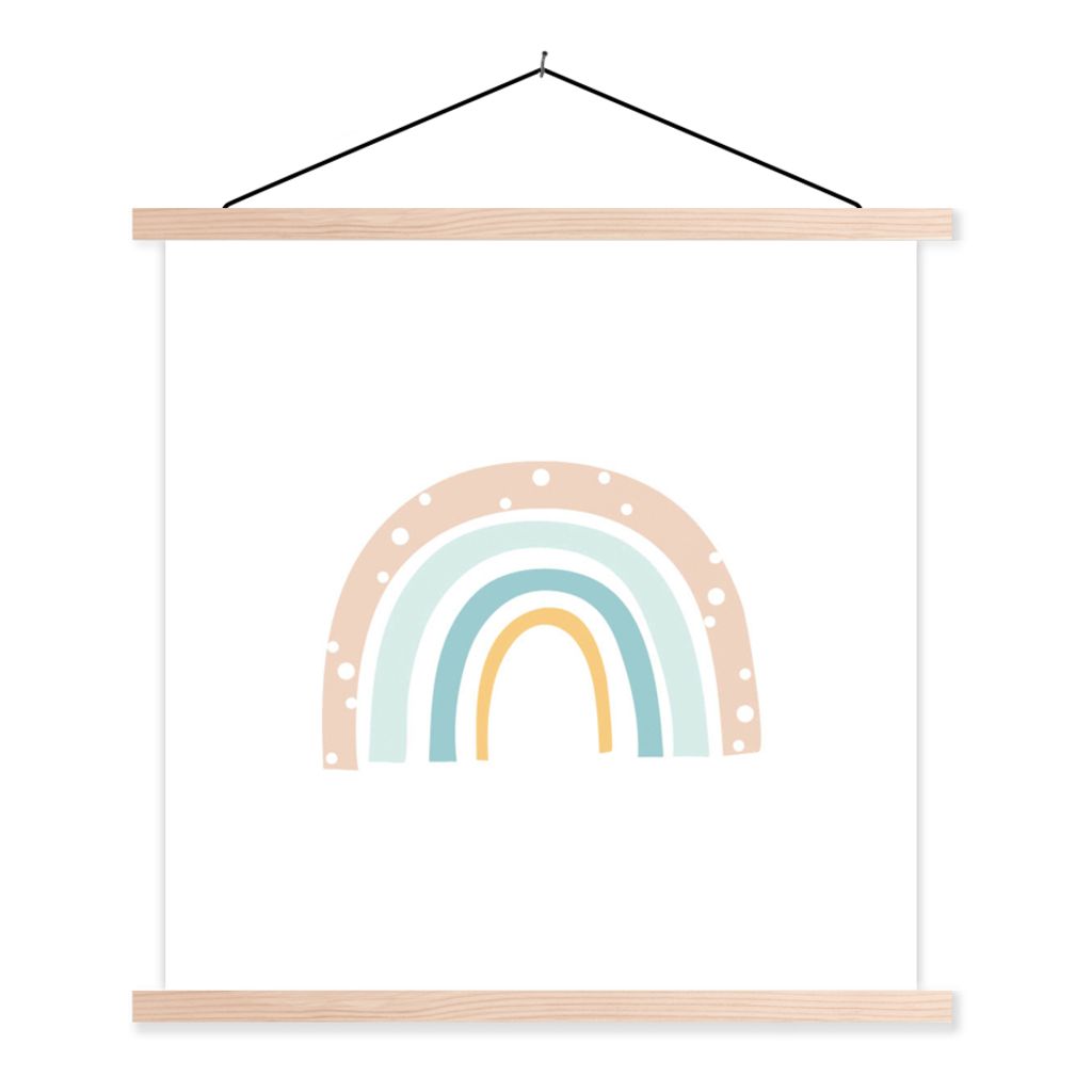 MuchoWow Textilposter Regenbogen - Kinder - Pastell - Tupfen - Baby 120x120 cm mit holzfarbenen Rahmen - Textil-Poster
