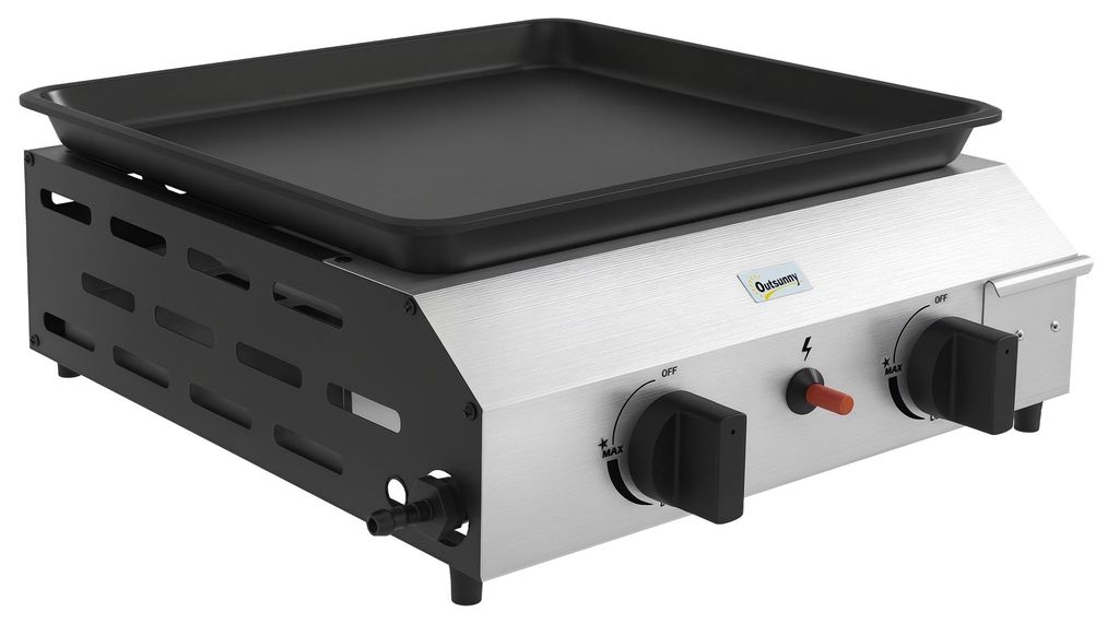 Gasgrill Plancha 2-Brenner 4.8kW | Emaillierter Stahl Tischgrill kompakter Campinggrill mit Piezo-Zündung & Fettauffangschale | Anthrazit 44x44cm