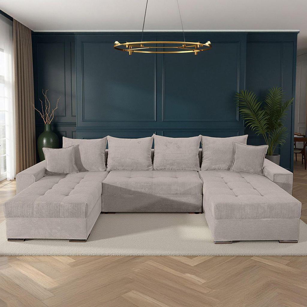 riess-ambiente XXL Wohnlandschaft LODGE 315cm greige Cord Sofa mit Schlaffunktion und Stauraum Big-Sofa