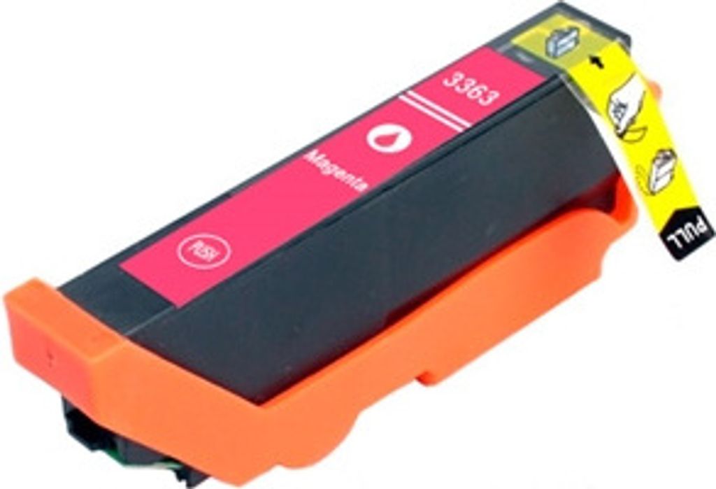 A magenta ink cartridge in an orange plastic holder, with a yellow pull tab on top.