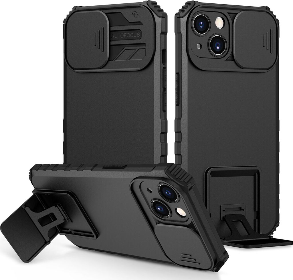 iPhone 14 Hülle, Dual Layer Ständer Schutzhülle mit Schiebe Kamera Schutz für iPhone 14 Schwarz