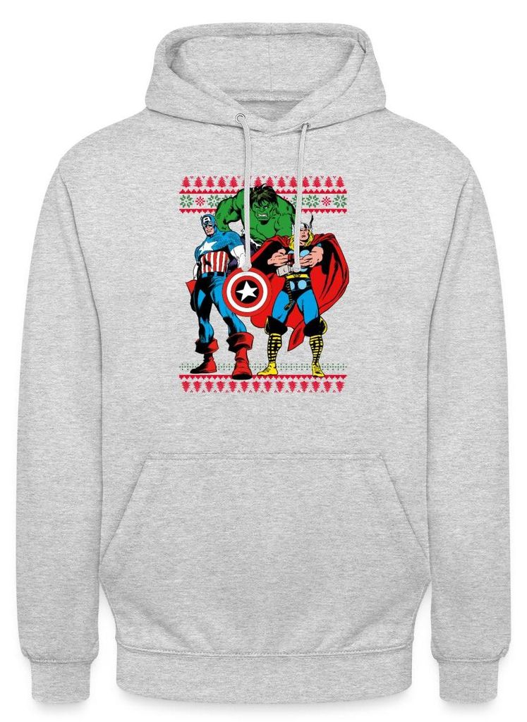 Spreadshirt Avengers Superhelden Weihnachtsmotiv Uni Hoodie, L, Hellgrau meliert