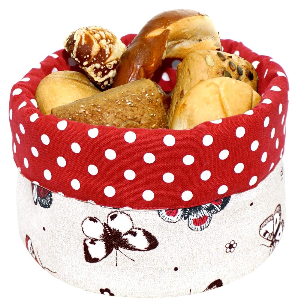 Runder Brotkorb, Krempelkorb Ø 22 cm, Höhe: 13 cm, Stoffkorb beige-rot mit Schmetterlingsdruck