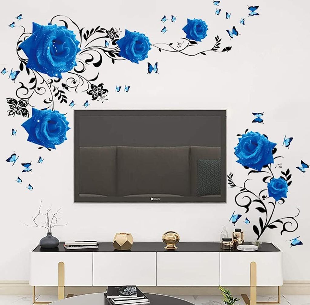 Blue Rose Wall Stickers Rose Flower Vine Wall Decal Blue Peony Floral Wall Decor DIY Vinyl Mural Art for Bedroom Living Room Sofa Backdrop TV Wall ...