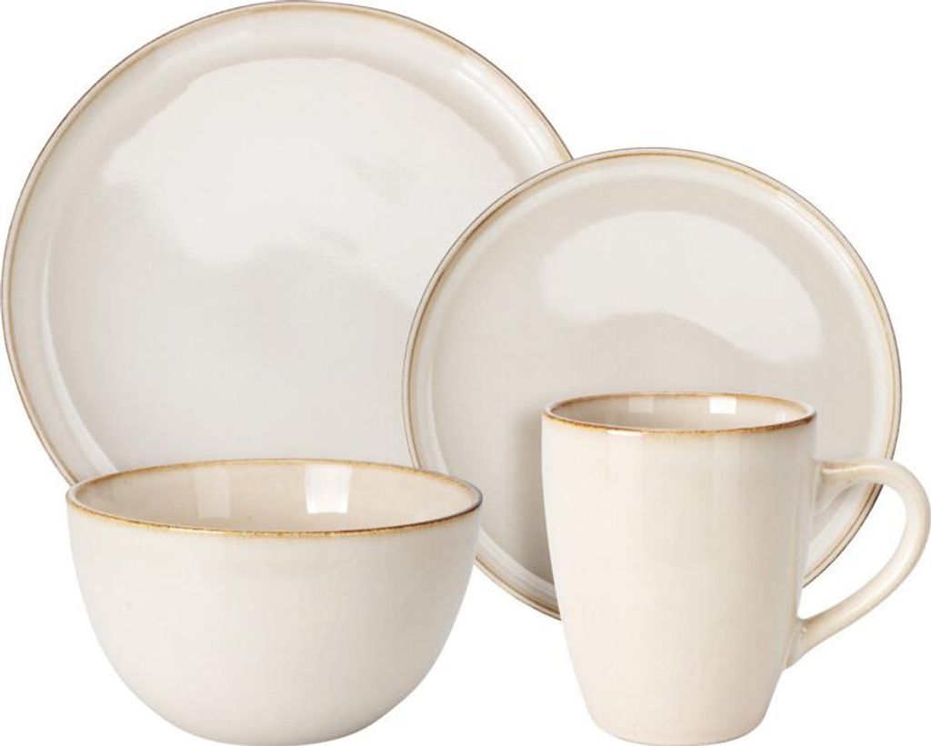 A set of beige stoneware dishes including plates, a bowl, and a mug, arranged on a white background.