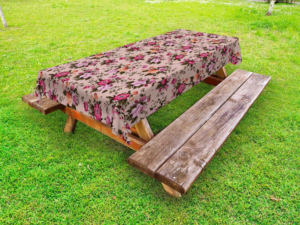 ABAKUHAUS Blume Tischdecke Outdoor, Blumenmuster Mit Rosen Zweig Warmen Farben Blumen Anordnungs Blumensträußen, Tan Rosa Dunkelgrün, 145x305cm