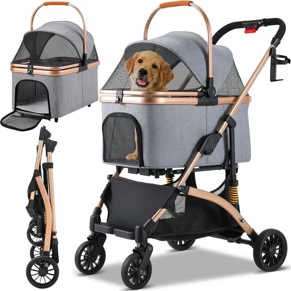 4‐in‐1 Hunde- und Katzenbuggy - Tierwagen - Abnehmbare Transportbox und Autositz - Aluminiumrahmen - 4 Räder - Atmungsaktiv - Grau Silber