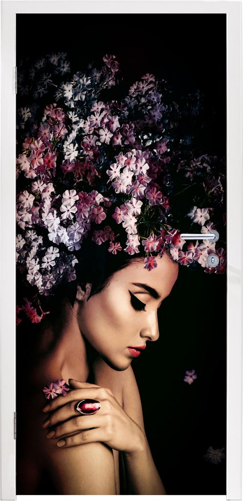 MuchoWow Türtapete Selbstklebende Türfolie Blossom - Frau - Rosa - Luxus 85x205 cm Türposter Türaufkleber Klebefolie Türklebefolie - Türver...