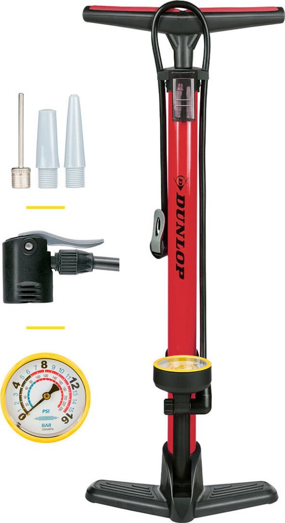 Dunlop Fahrradpumpe mit Manometer für Dunlop-, Schrader- und Französisches Ventil - Inkl. Adapter für Wasserspielzeug und Bälle