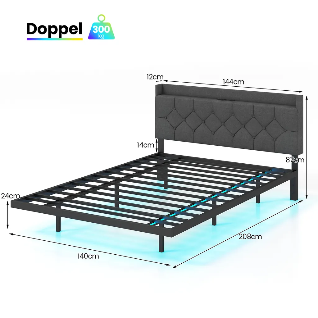 Lit LED 140x200 avec Prises USB Intégrées et Tête de Lit Grise Réglable - 3