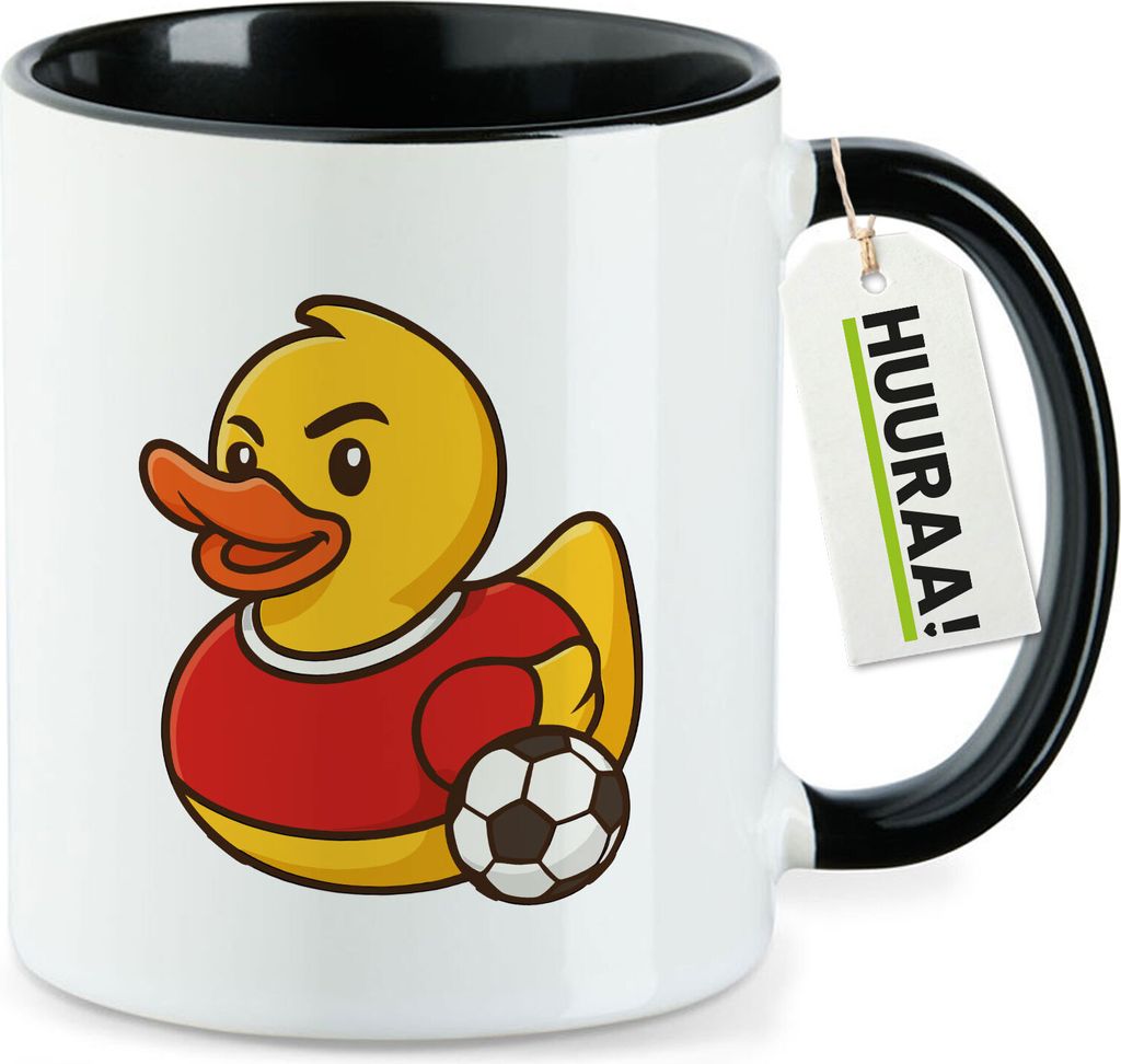 Huuraa Kaffeetasse Quietscheente Fußballer Gummiente Fussballspieler 330ml Schwarz Keramik Kaffeebecher Geschenkidee