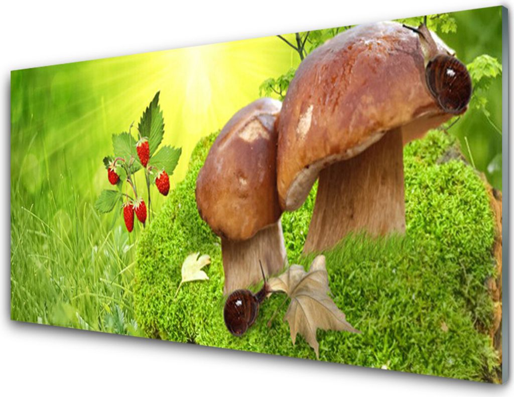 Acrylglasbilder 100x50 Wandbild Druck Pilze Gras Walderdbeeren Natur