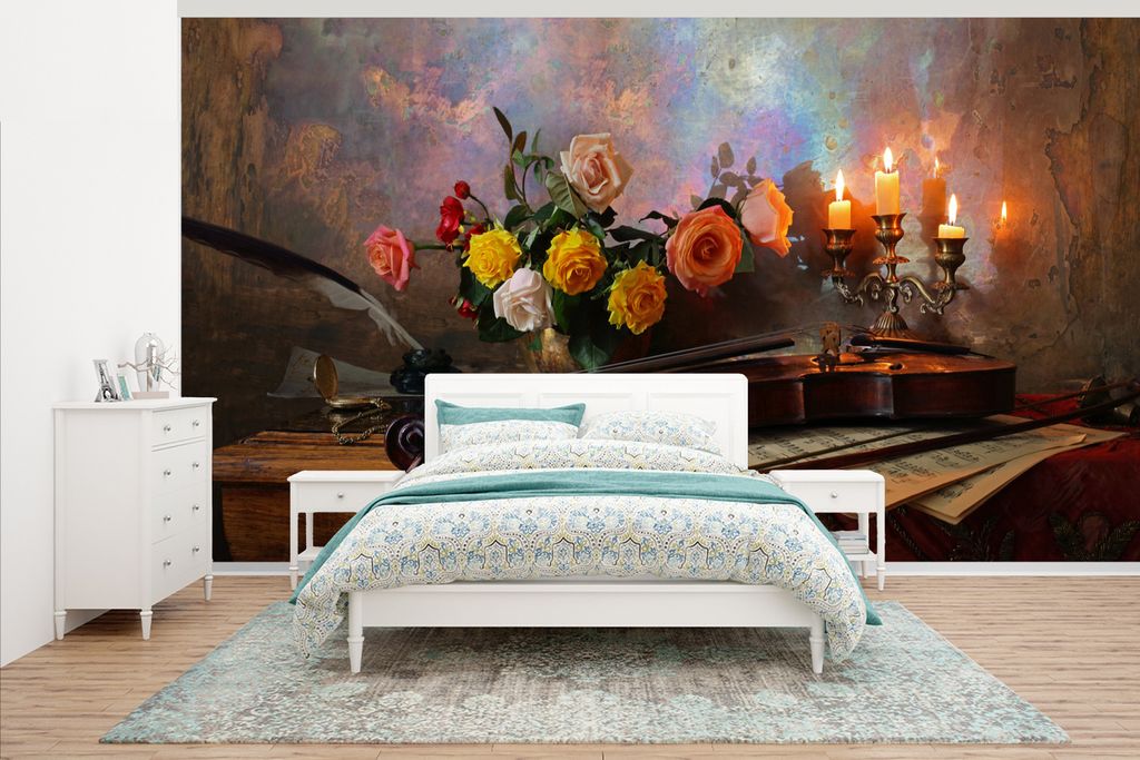 MuchoWow Fototapete für Wohnzimmer oder Schlafzimmer Wandtapete Vinyl Motivtapete Kerzen - Rosen - Geige - 535x300 cm - Wanddekoration