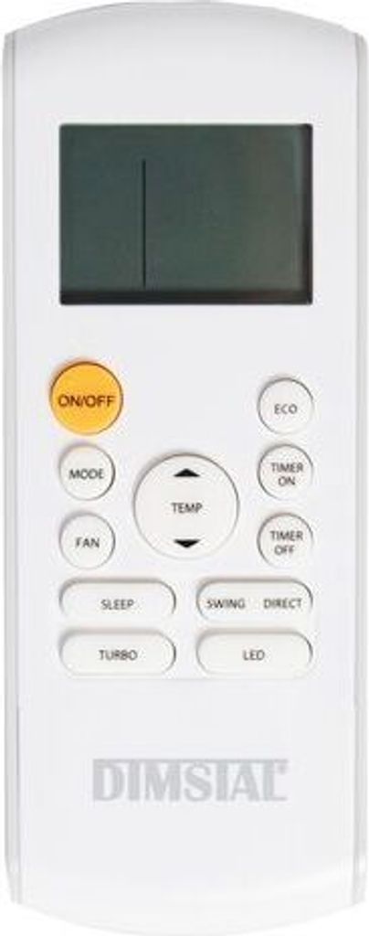 A white remote control for an air conditioner, with a screen and various buttons.
