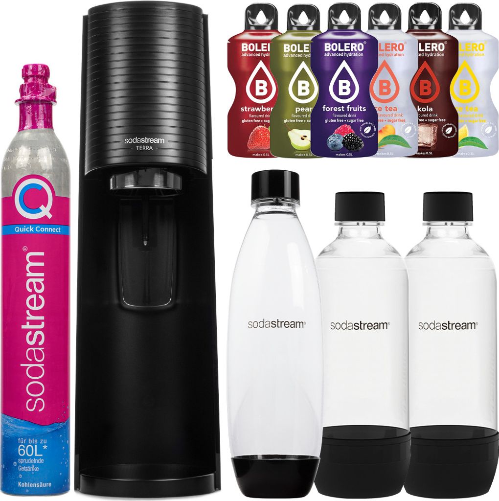 A collection of Sodastream products including a black Terra machine, a CO2 cylinder, three reusable bottles, and six flavored syrup pouches.