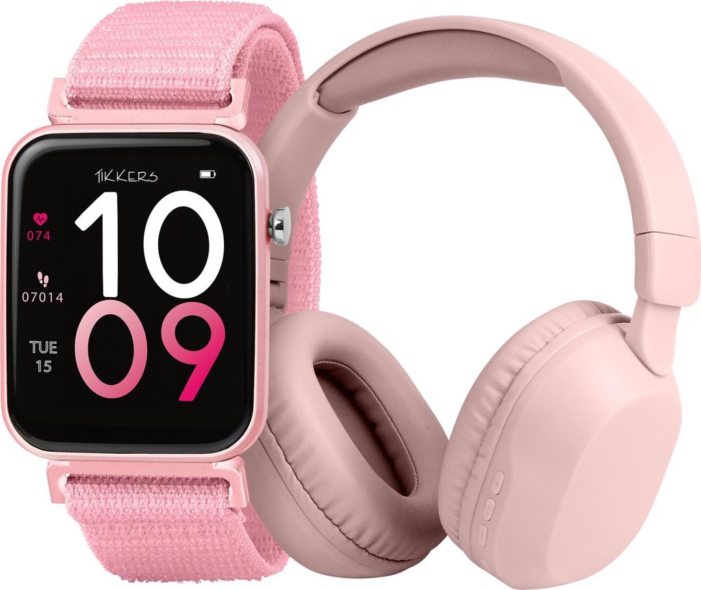 Tikkers Smart Series 13 Smartwatch & Kopfhörer Set (Schwarz/Rosa - Stoffarmband mit Schnellverschluss) Pink Unisize Tikkers