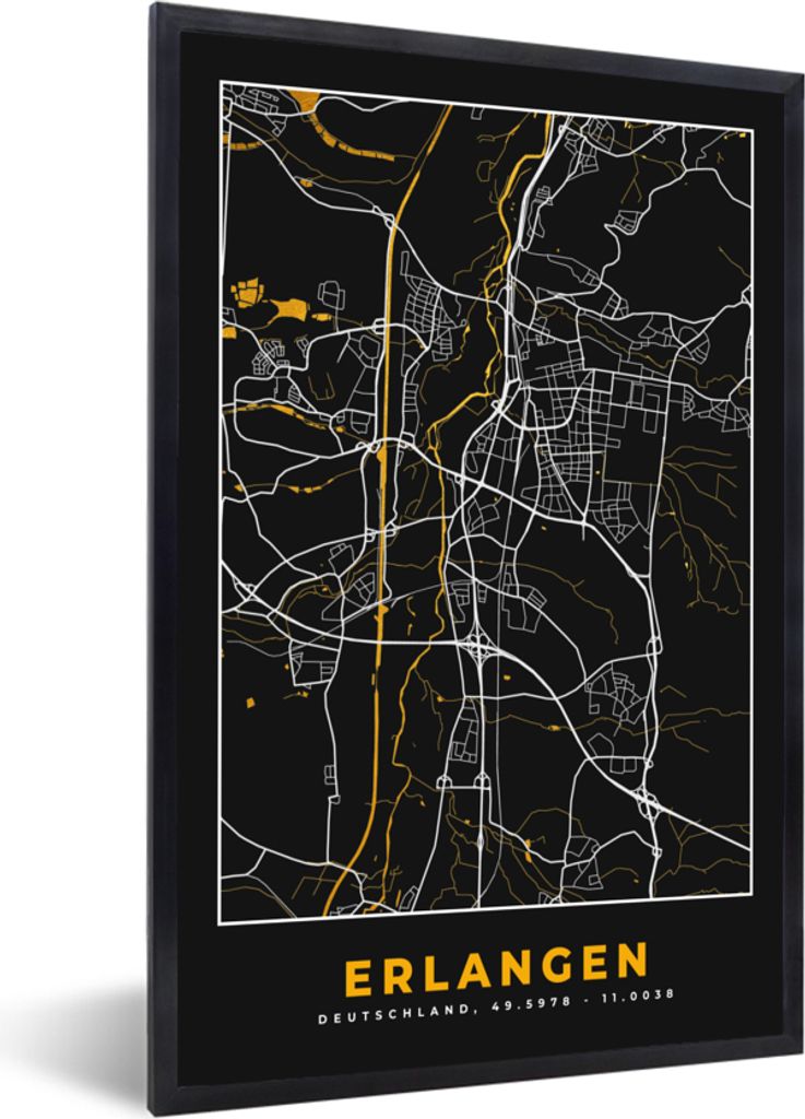 MuchoWow Gerahmtes Poster Stadtplan - Karte - Erlangen - Gold - Deutschland - Karte 60x90 cm - Poster mit Schwarzem Bilderrahmen Wandposter Rahme...