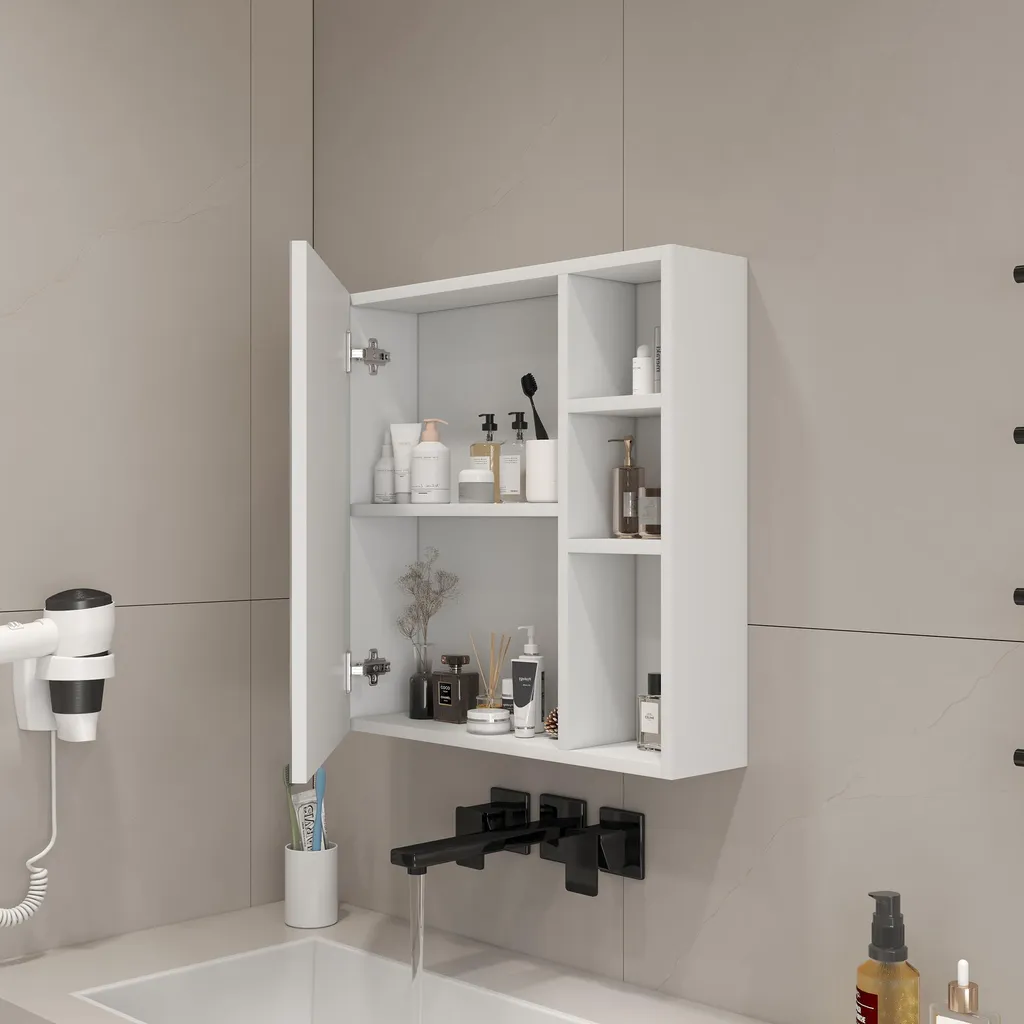 Meuble de Salle de Bain Mural avec Miroir et Étagère Ouverte Design Blanc