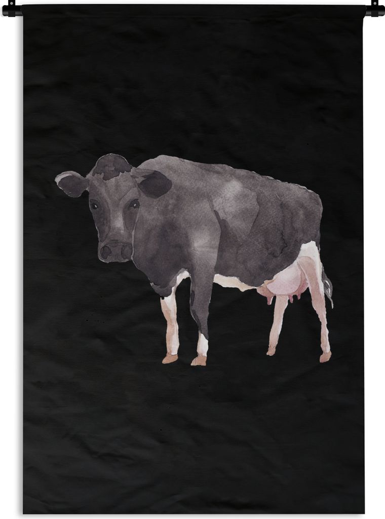 MuchoWow Wandteppich Wandbehang Kuh - Illustration - Schwarz 60x90 cm Tapisserie Dekoration Wandtuch - Foto-Teppich - Abwaschbar