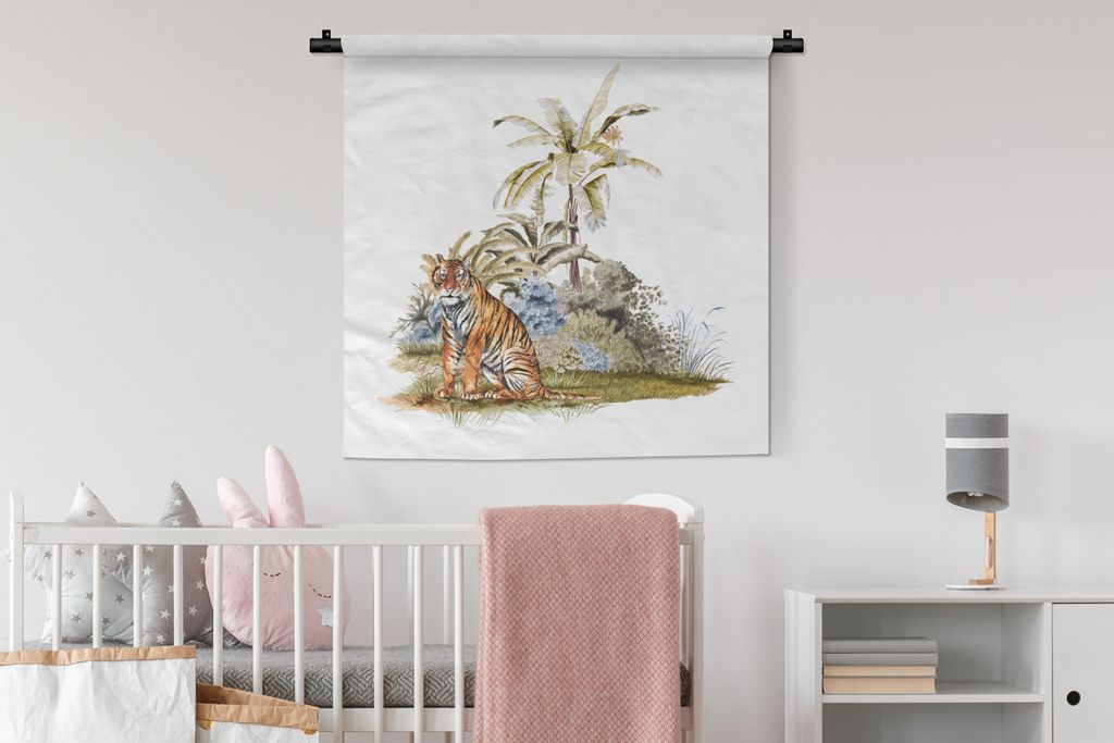 MuchoWow Wandteppich Wandbehang Tiger - Pflanzen - Malerei 90x90 cm Tapisserie Dekoration Wandtuch - Wandaufhänger