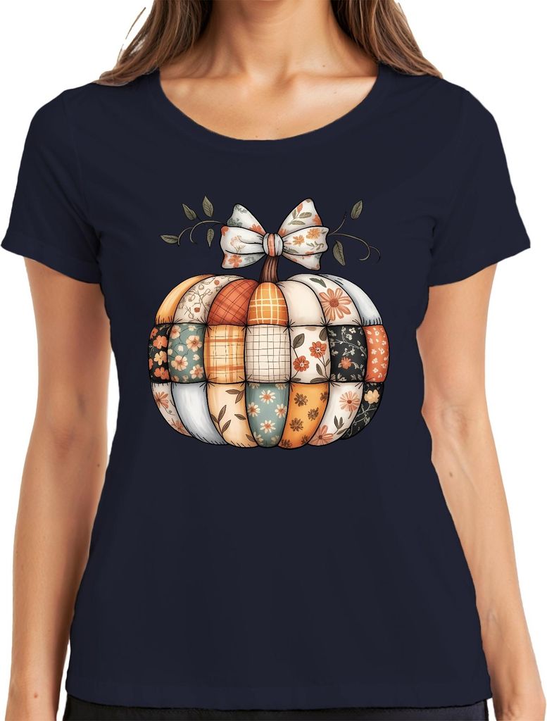 Patchwork Kürbis Herbst Boho Vintage Blumen Landhaus Shabby Chic Damen T-Shirt, Navy, 3XL