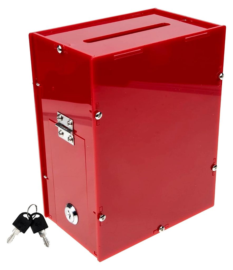 Multifunktionale Spendenbox aus Acryl mit Schloss, rote Wahlurne 15x10x20 cm, vielseitige Sammelbox für Abstimmungen, Vorschläge und Tombola