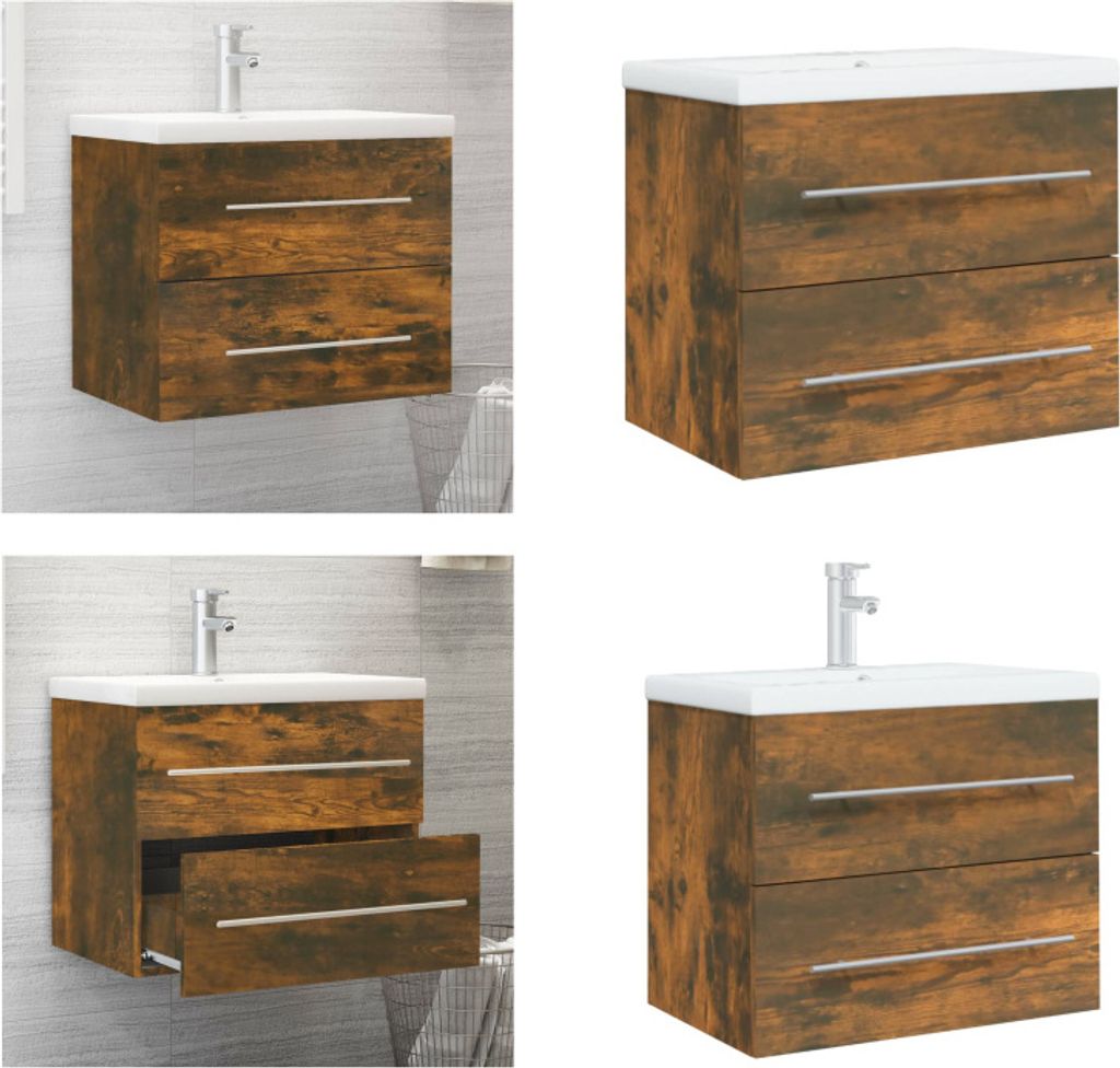 vidaXL Waschbeckenschrank mit Einbaubecken Räuchereiche Holzwerkstoff - Waschbeckenunterschrank Mit Waschbecken - Waschbeckenunterschränke Mit Wa...