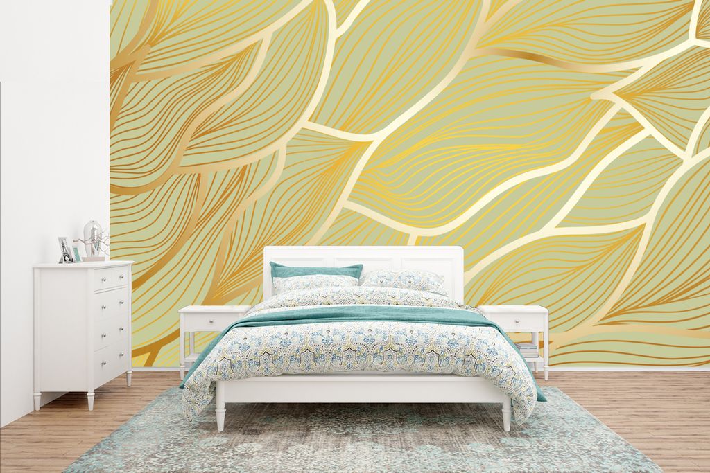 MuchoWow Fototapete für Wohnzimmer oder Schlafzimmer Wandtapete Vinyl Motivtapete Goldene Wellen auf grünem Hintergrund - 400x240 cm - Gemustert