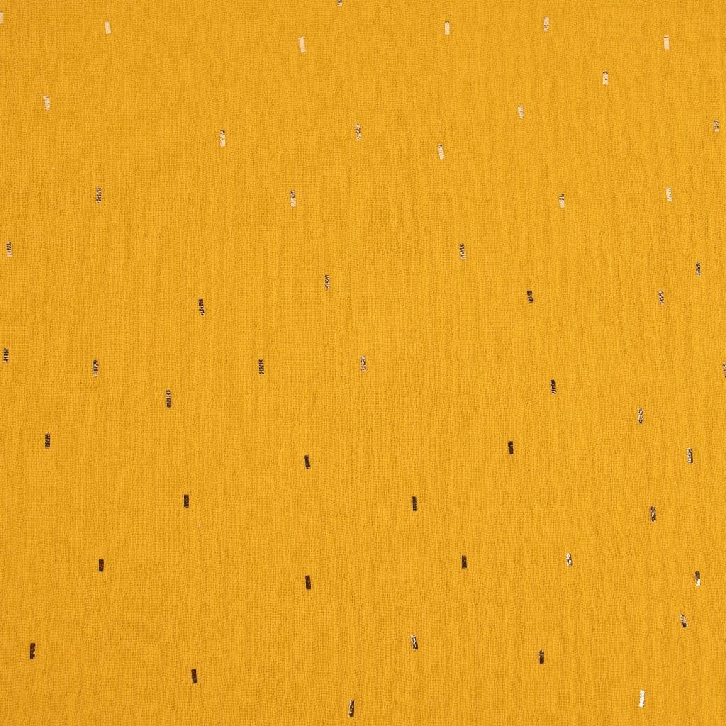 Musselin Stoff BW Foliendruck Konfetti Striche uni ocker goldfarbig